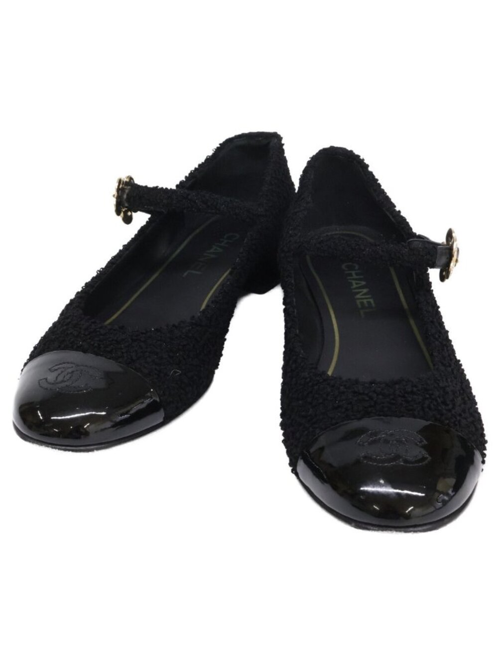 Chanel Mary Janes CC Logo Camellia Tweed Flat Pumps